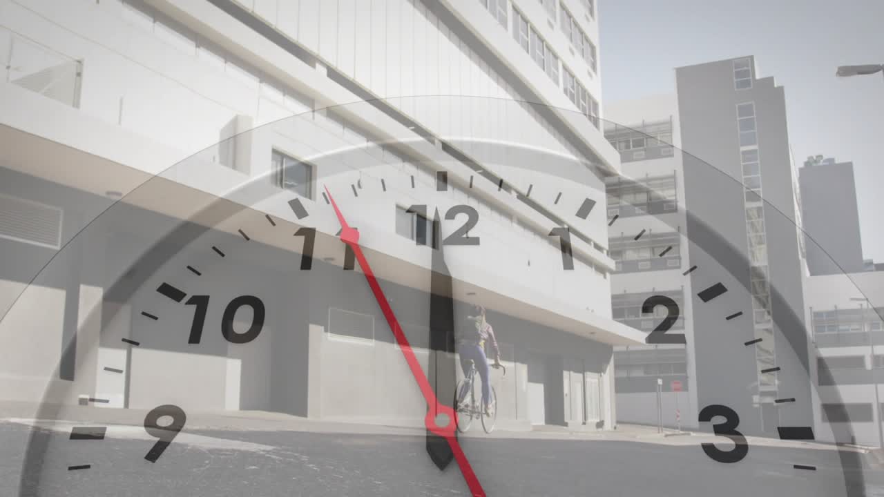 Woman pedaling courtyard while transparent clock overlay illustrating fitness tracking toward noon