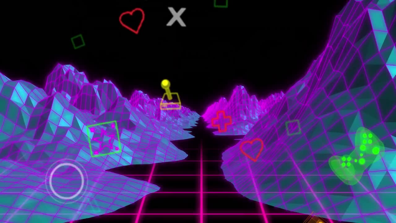 비디오 게임 컨트롤러 아이콘이 검은 바탕에 메타버스 구조물에 맞춰 떨어지는 애니메이션