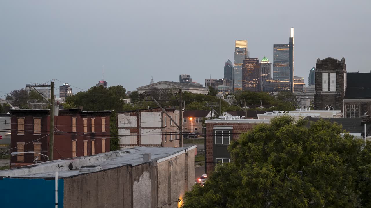 North Philadelphia timelapse during dusk on an overcast cloudy day with Philly skyline