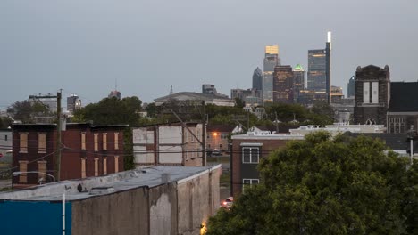 north philadelphia timelapse during dusk on an overcast cloudy day with philly skyline