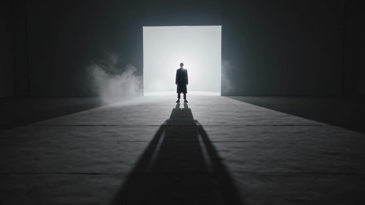Uomo in piedi in silhouette con un lungo cappotto che reagisce a un portale luminoso, cambiando posa su una passerella con nebbia.