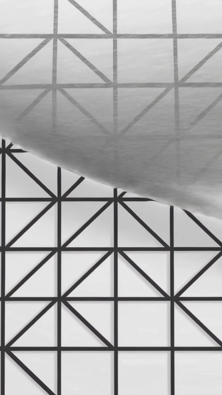 Video verticale: Un foglio trasparente che scorre entrando dall'alto a destra, attraversando una griglia su un pannello da studio, attenuando le linee.