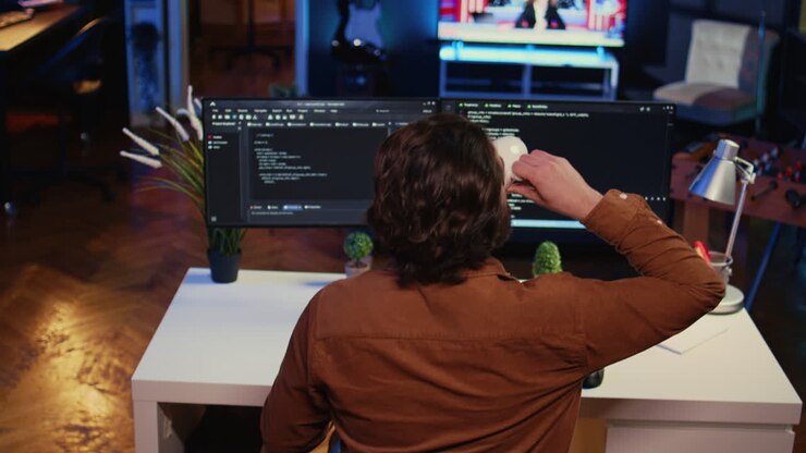 Computer scientist at home office desk writing binary code and drinking coffee