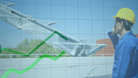 Installation-Von-Solarmodulen,-Ingenieur-Mit-Animation-Eines-Diagramms-Zum-Finanziellen-Wachstum-über-Gitterhintergrund