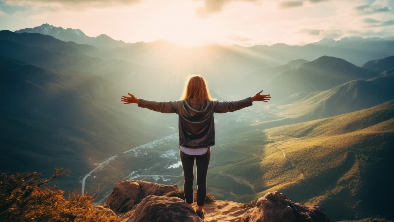 A person stands on a cliff with arms outstretched, embracing the sunrise