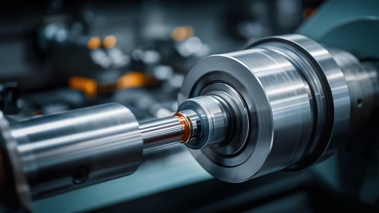 Ingegneria di precisione in azione: Primo piano di un componente metallico rotante in un'officina meccanica ad alta tecnologia che mostra tecniche di produzione avanzate.