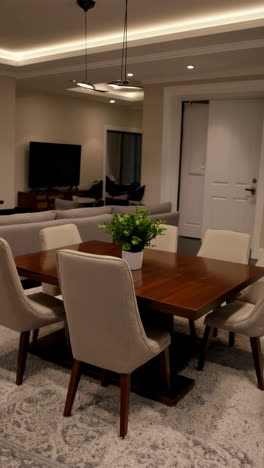 modern dining room with wooden table and comfortable chairs