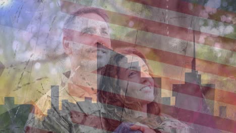 Animation-of-soldier-with-wife-over-american-flag