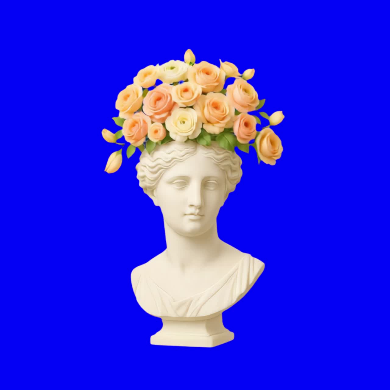 Classical bust adorned with flowers animation, transparent 4K video, green screen