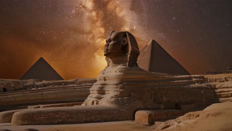sphinx and pyramids under the milky way