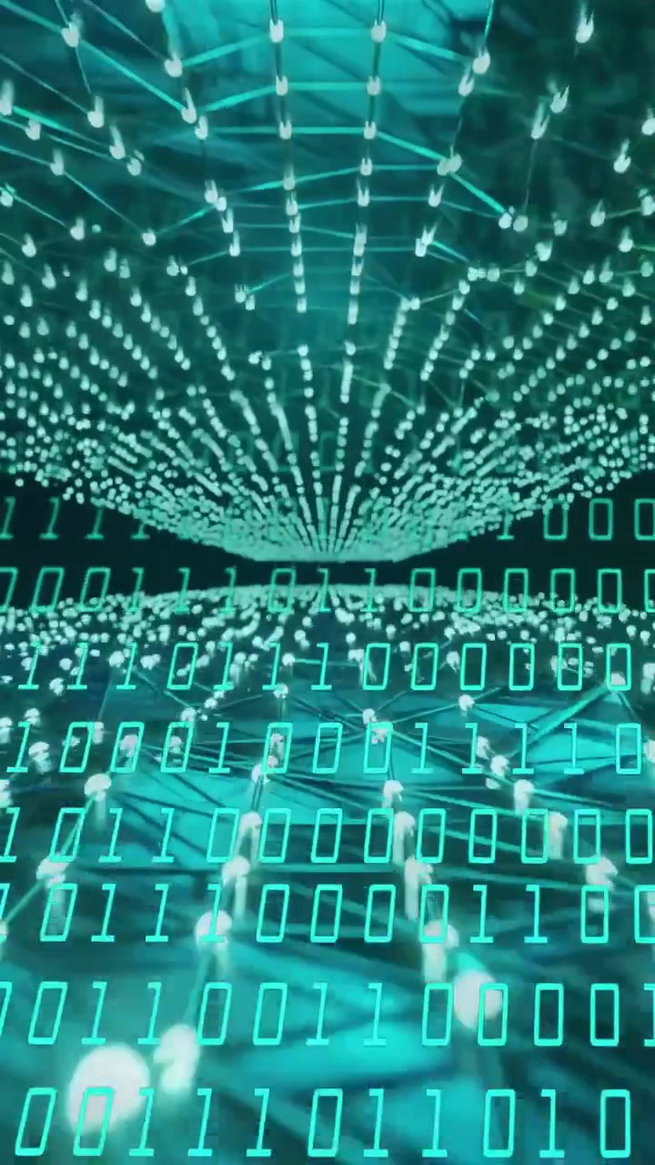 Vertical video: Playback starting, LED nodes pulsing and binary scrolling, visualizing data flow