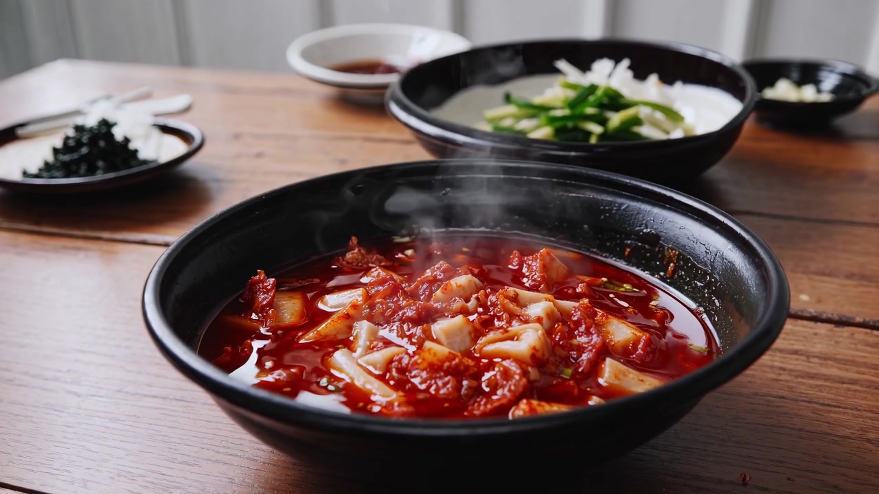Mangkuk Sup Kimchi Pedas yang Mengepul di Meja Kayu