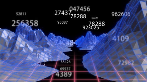 3d grid landscape with floating numbers animation over blue wireframe mountains