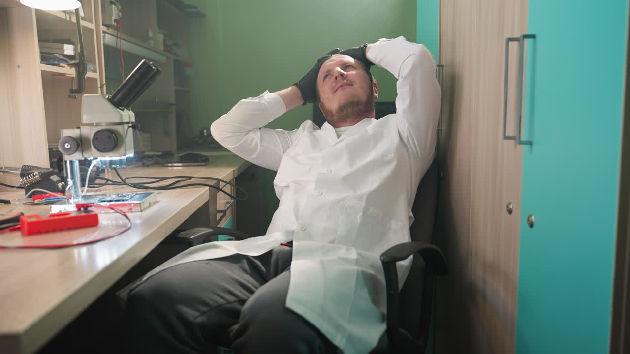 A middle view of a relaxed technician in a white lab coat leaning back in his chair, hands behind his head, taking a break from working with electronic components in a lab setting