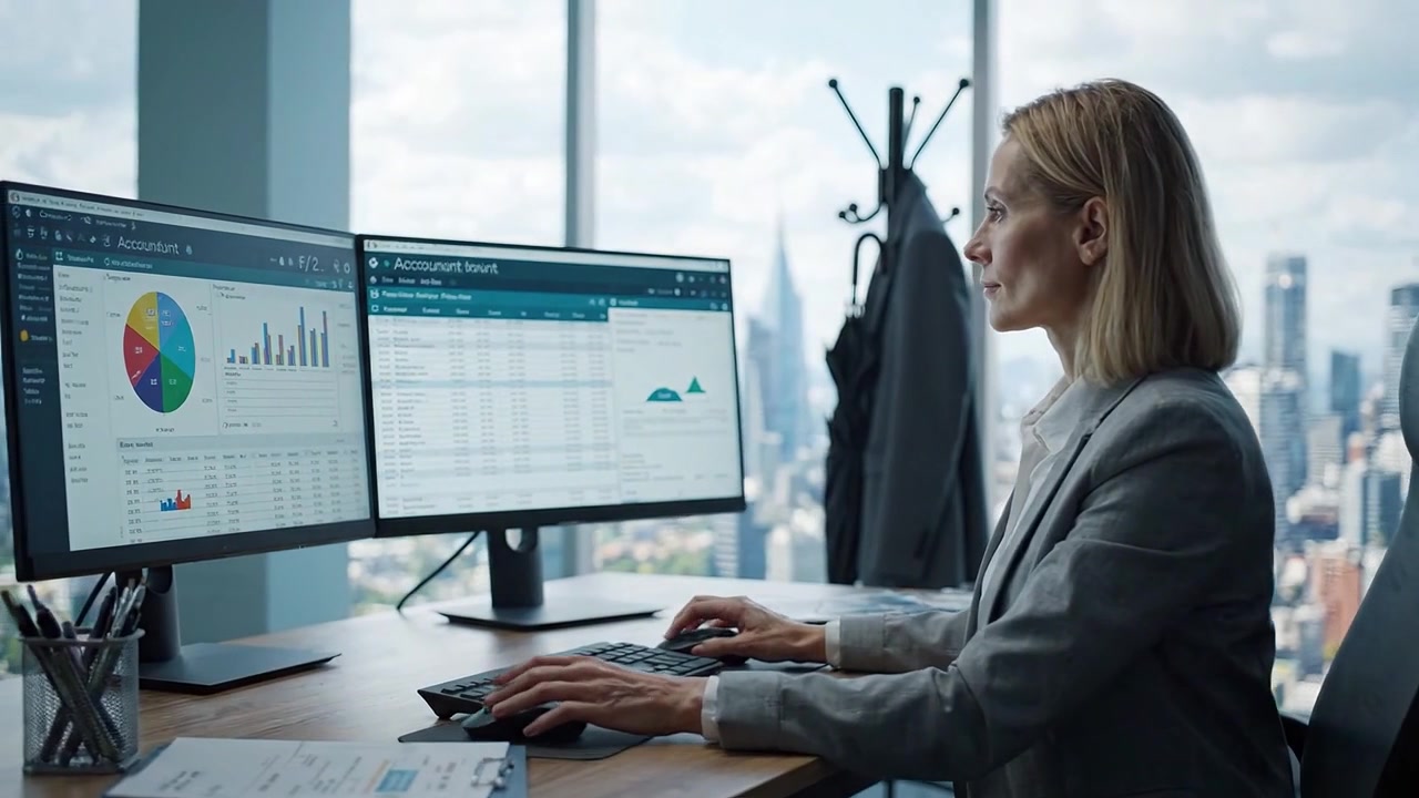 Professional Accountant Analyzing Data on Dual Monitors in a Modern Office with a City View, Focused on Financial Reports and Visual Graphs for Decision Making