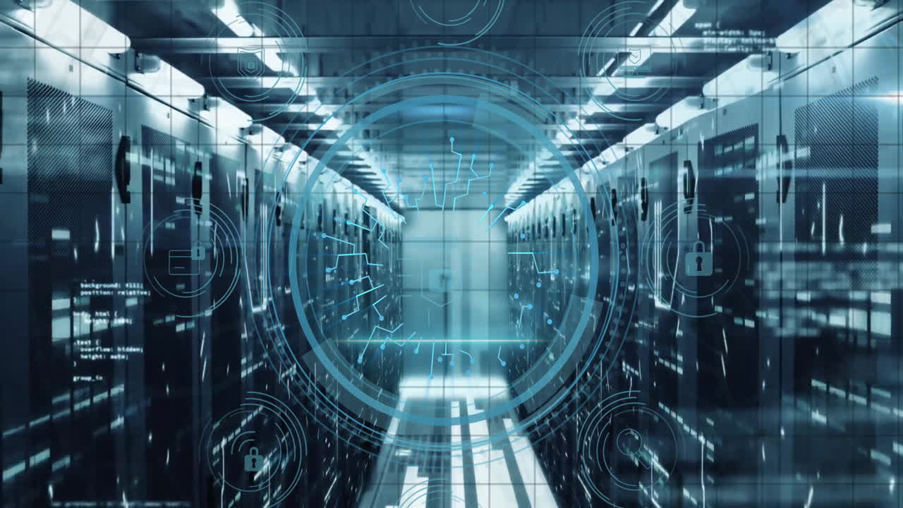 Animation of cyber security text and digital data processing over computer servers