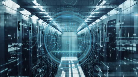 Animation of cyber security text and digital data processing over computer servers