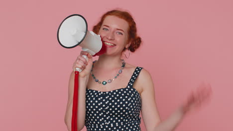 Smiling-ginger-girl-talking-with-megaphone,-proclaiming-news,-loudly-announcing-sale-advertisement