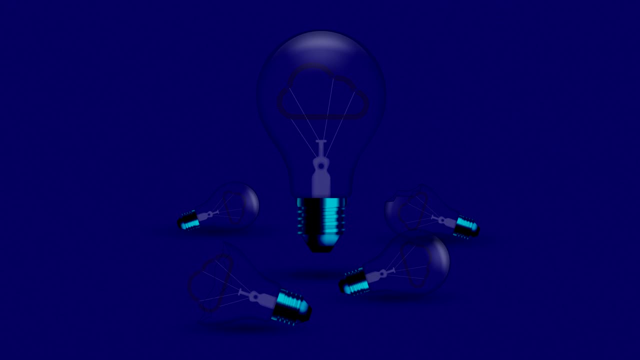 icono de nube símbolo bombilla incandescente interruptor parpadeante en el conjunto concepto de conexión brillo en fondo gradiente azul animación de bucle sin costuras 4k, con espacio de copia