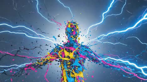 abstract humanoid figure exploding with colorful paint and lightning