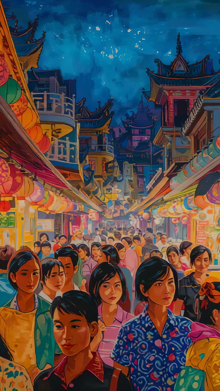 Vertical video: Shifting camera revealing mural market alley to show faces, lanterns, blue shirt
