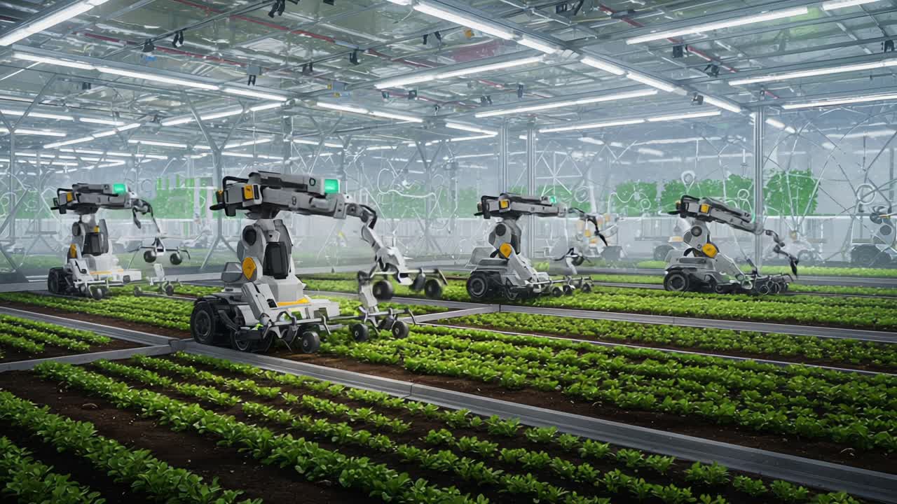 Autonomous Agricultural Robots Tending to Crops in a High-Tech Greenhouse Environment, Showcasing Innovative Farming Practices and Advanced Technology Integration