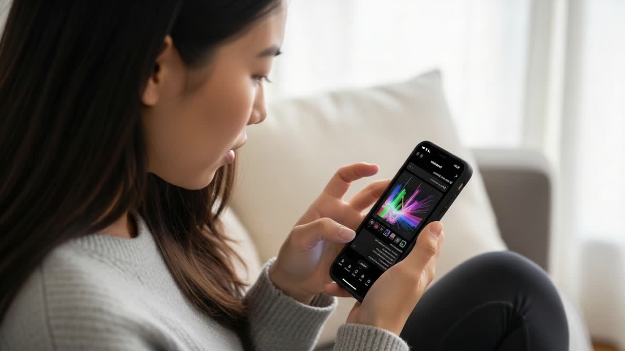A Woman Engaged with Her Smartphone, Navigating Through Colorful Visuals and Interactive Content in a Cozy Living Room Environment