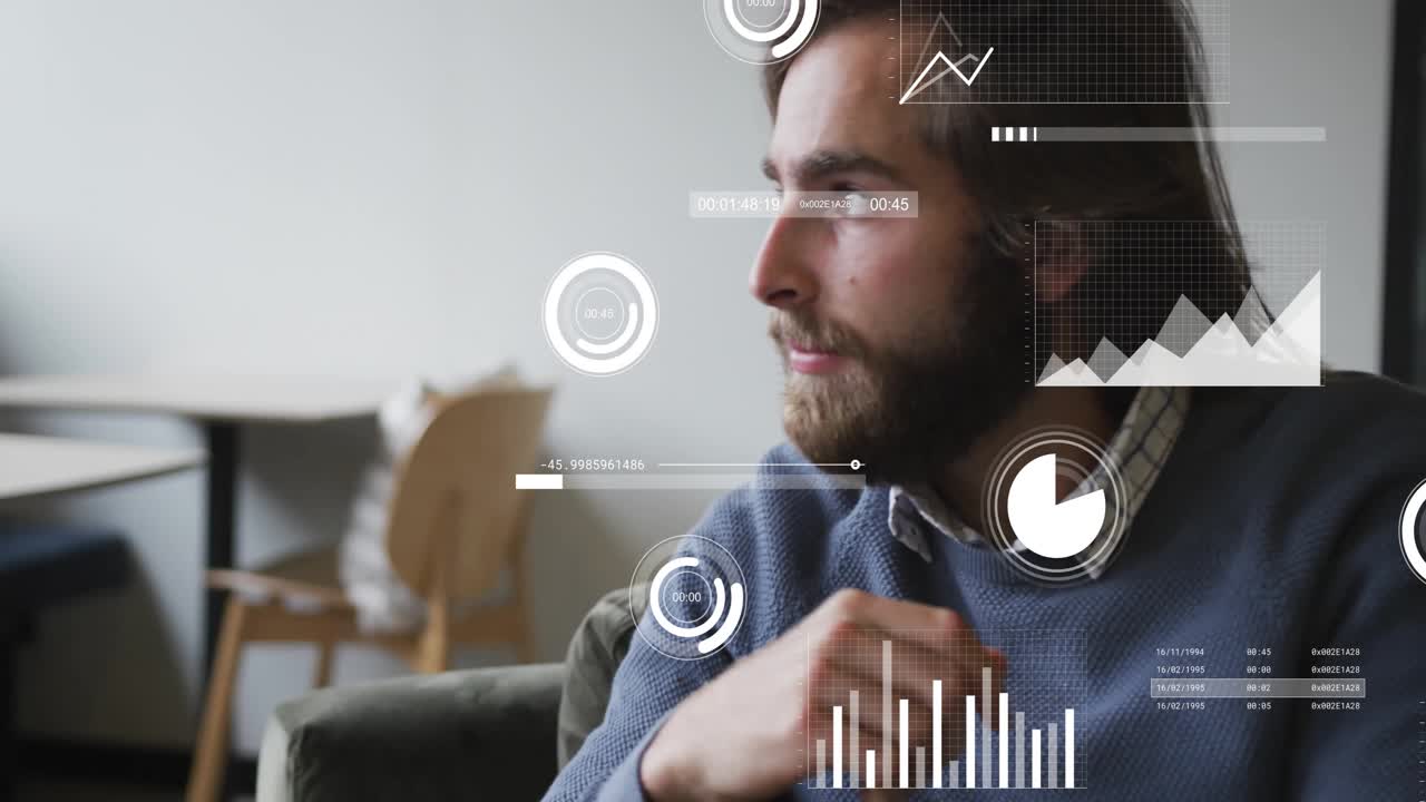 Animation of infographic interface over caucasian businessman thinking and looking away in office