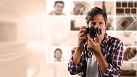 animation of caucasian male photographer with camera over diverse photos