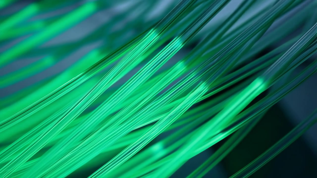 Macro view of thin neon green strands crossing diagonally with layered depth, glossy highlights, soft blur, and flowing movement that creates sleek abstract pattern across space, with abstract, fiber