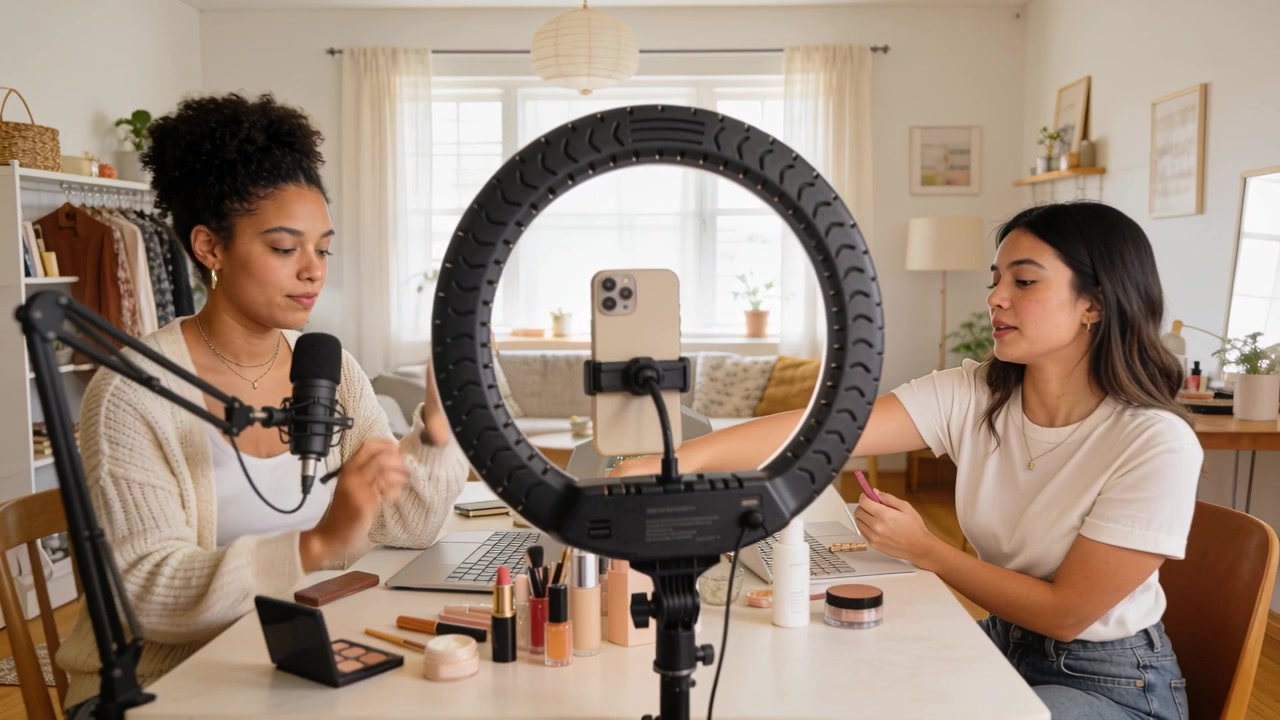 Recording starting, two co-hosts applying makeup for tutorial at home, in cardigan with ring light