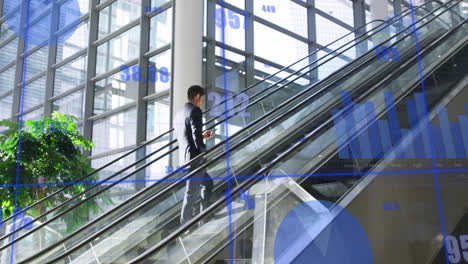 animation of data processing against caucasian businessman using smartphone on escalator at office