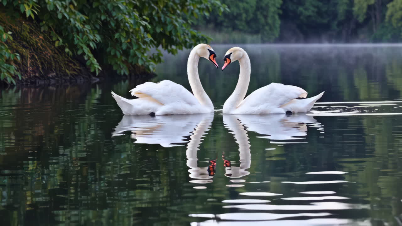 A Pair of Swans in a Morning Pond