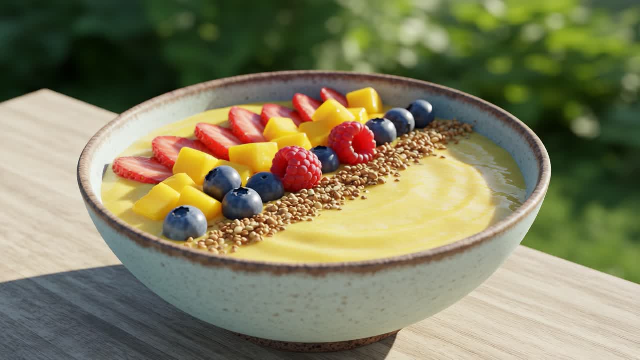 Vibrant and Healthy Fruits Bowl Served with Smooth Mango Base, Topped with Blueberries, Strawberries, Raspberries, and Crunchy Granola for a Delicious Breakfast Treat