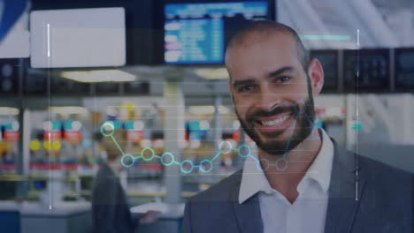 animation of financial data processing over biracial businessman at airport