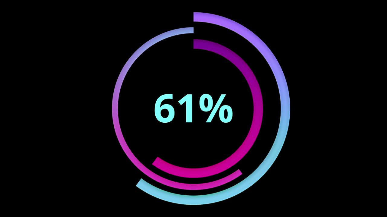 Loading circle icon, percentage increase animation with colourful circles, on a black background