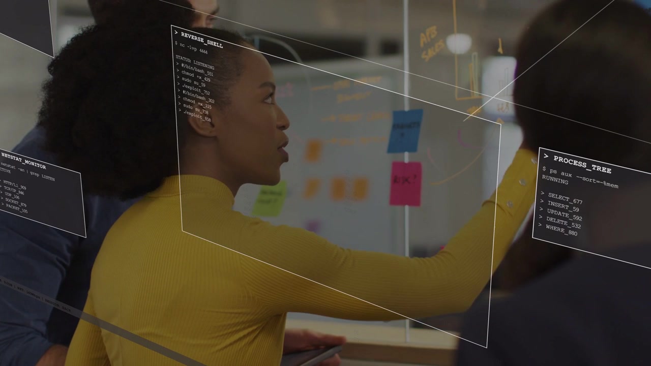 Lead stepping forward pointing at sticky notes on glass causing UI overlay guiding business plan