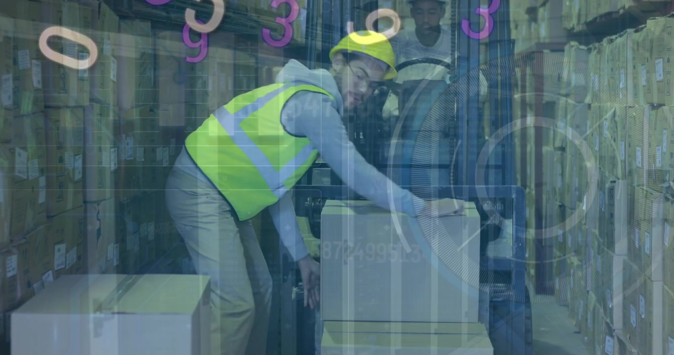 Animering av finansiell databehandling över en man som arbetar i ett lager