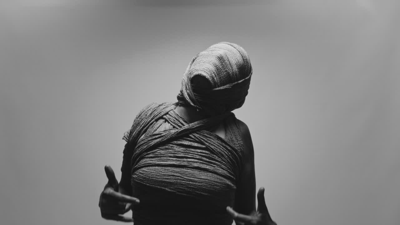 A mummified woman against the bright background moves erratically
