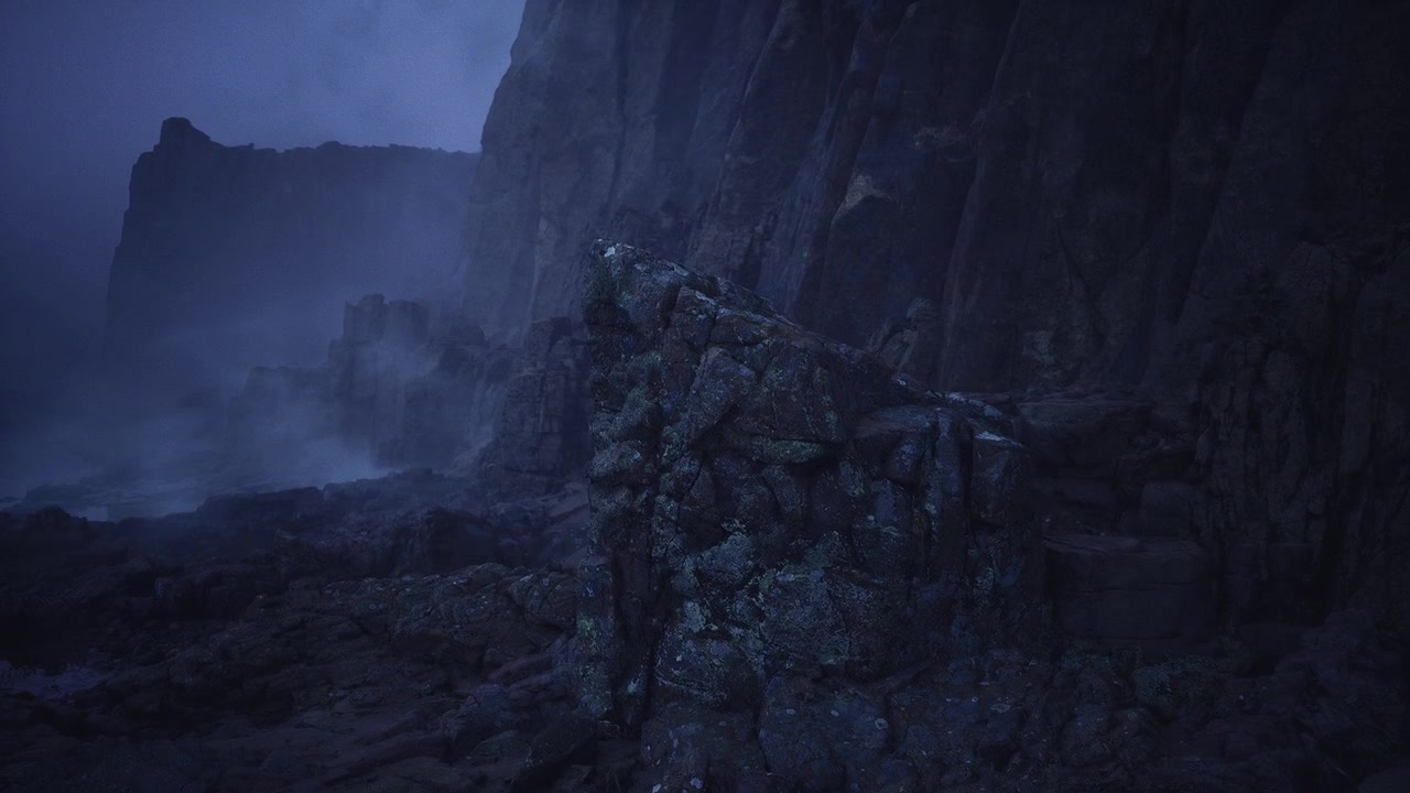 Shadowy tower rising from water against foggy cliffs in blue hue