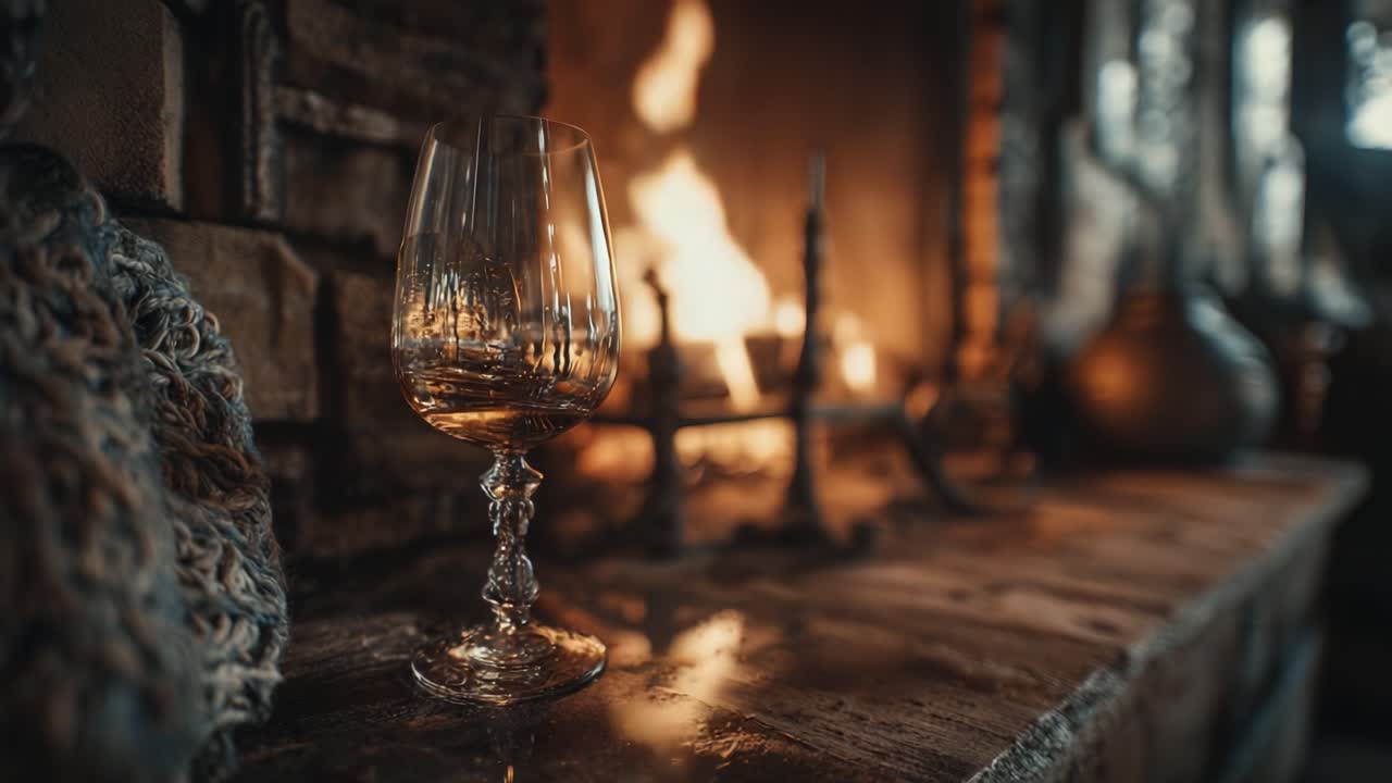 A Warm, Inviting Scene Featuring a Crystal Glass Filled with Golden Liquid Resting by a Crackling Fireplace, Illuminating the Cozy Atmosphere of the Room