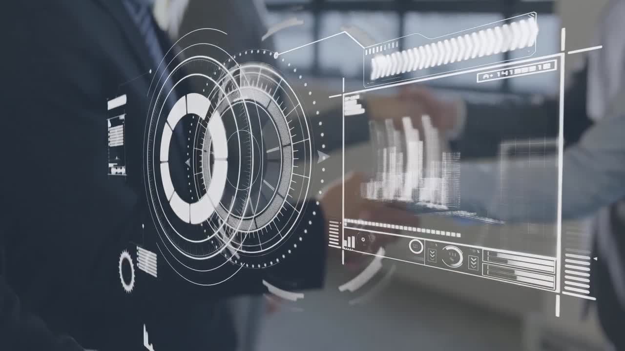 animación del procesamiento de datos financieros sobre diversas personas de negocios que se dan la mano