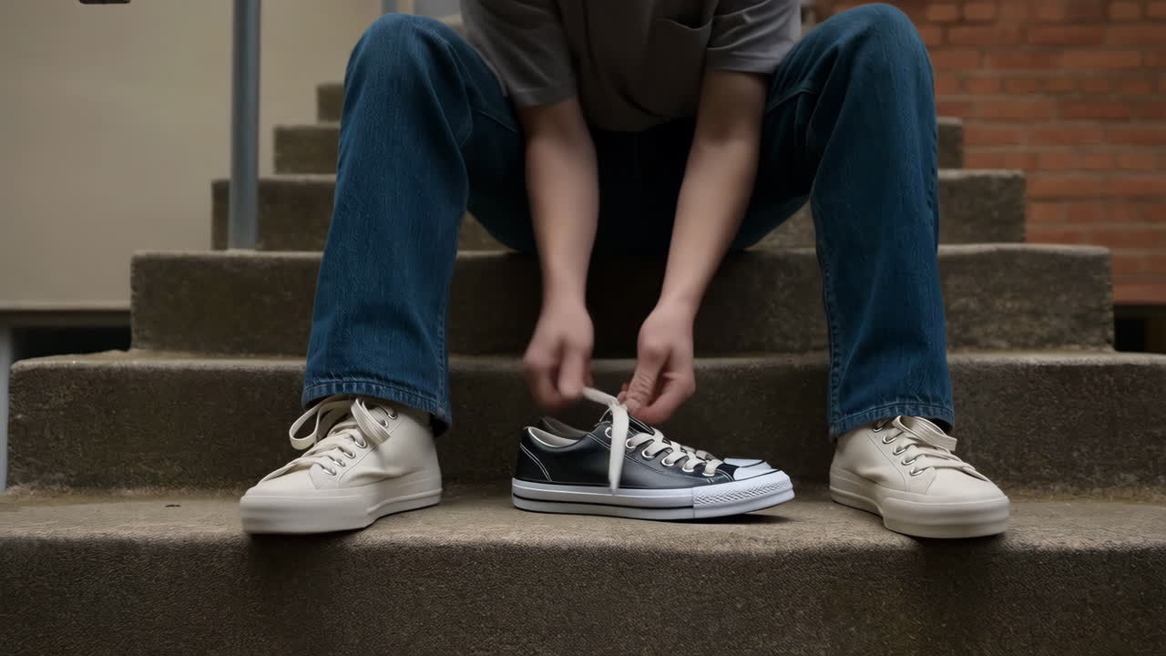 A person tying their shoelace on concrete steps