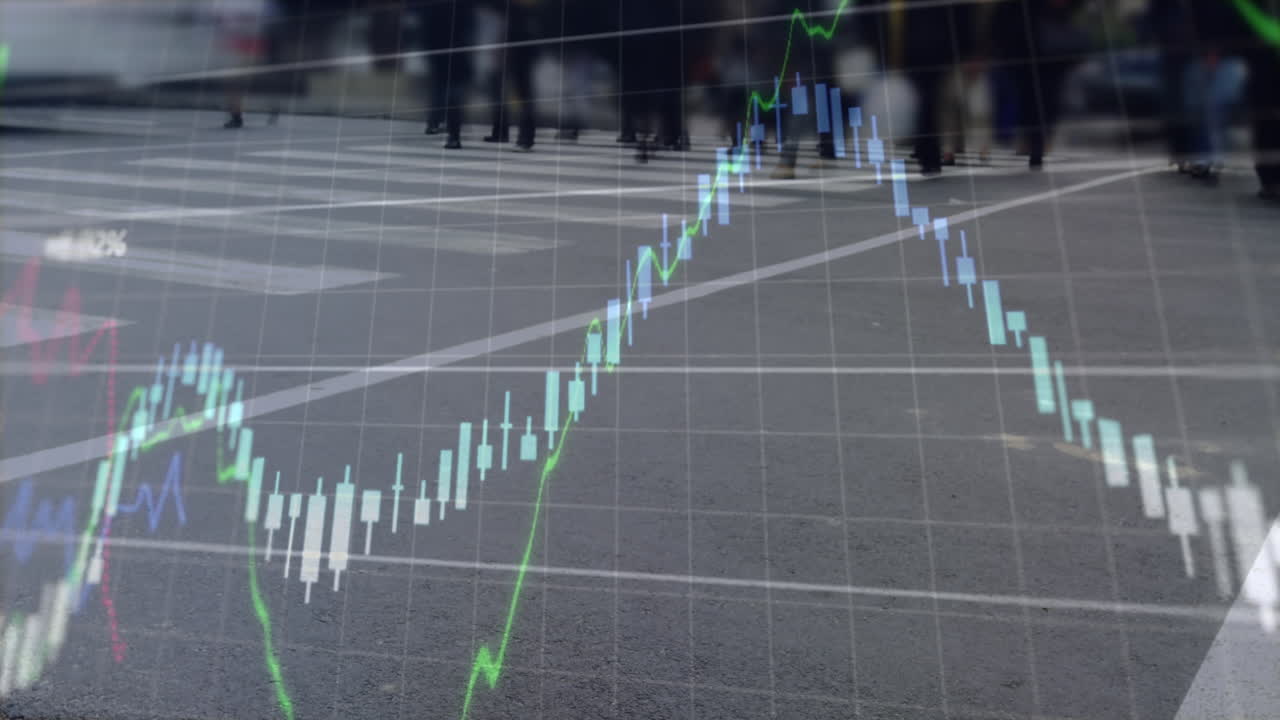 animación de múltiples gráficos y números en el lapso de tiempo de la sección baja de personas que cruzan la carretera.