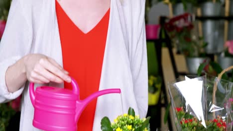 florista femenina regando flores en una tienda de flores