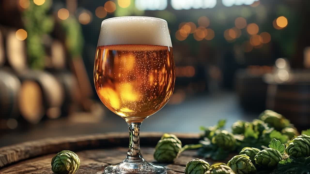 Craft beer served in a cozy brewery. A glass of golden craft beer sits on a wooden barrel, surrounded by fresh hops in a warm brewery setting.