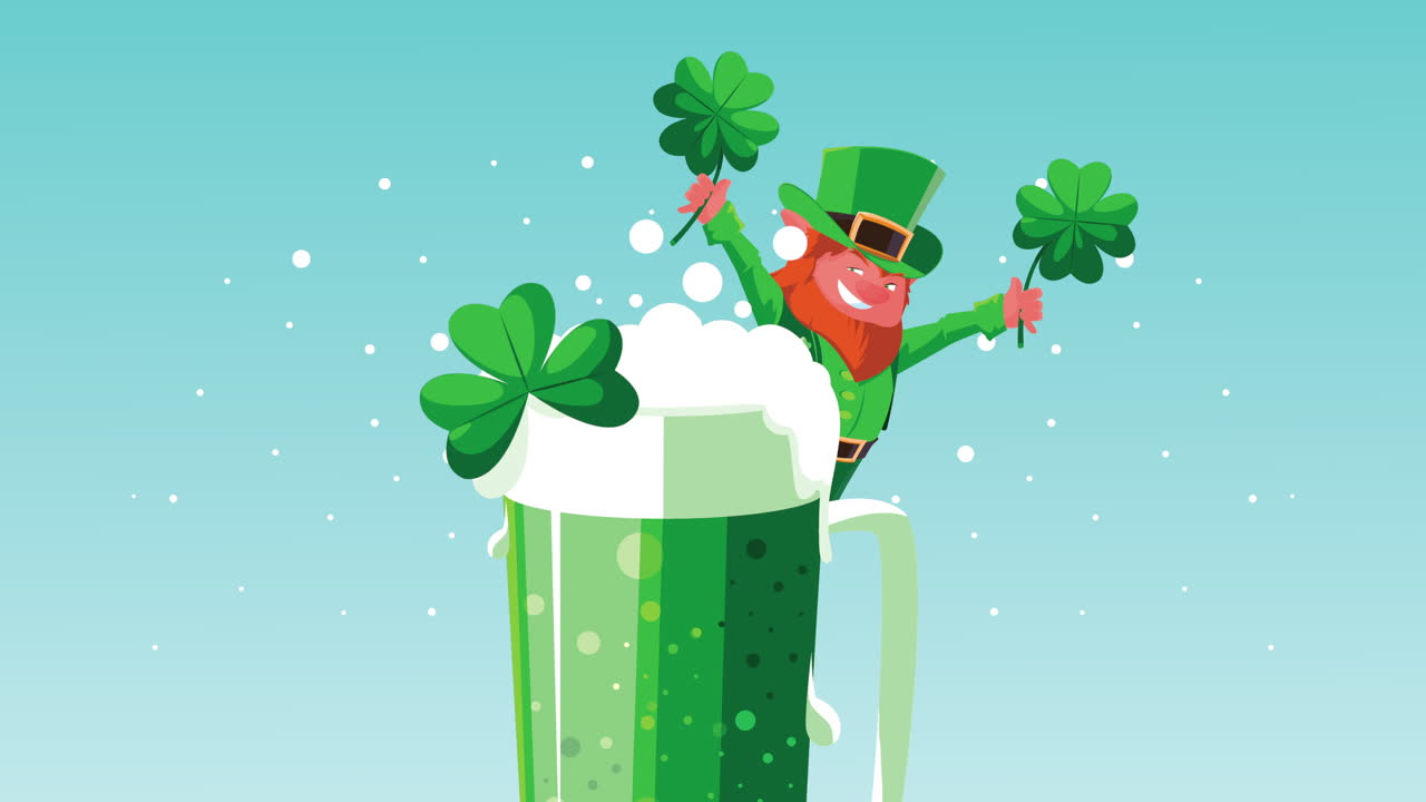 animação de feliz dia de são patrício com duende e trevo em cerveja
