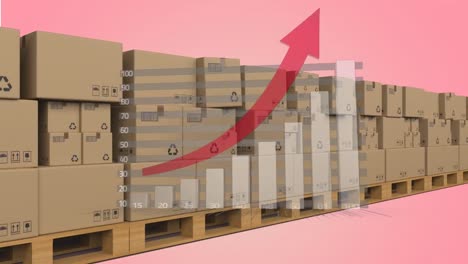 Animation-of-statistical-data-processing-and-delivery-boxes-on-conveyer-belt-against-pink-background