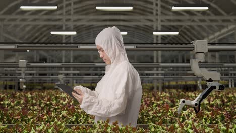 side view of asian man researcher using tablet and looking around while standing in the greenhouse with smart robotic farmers