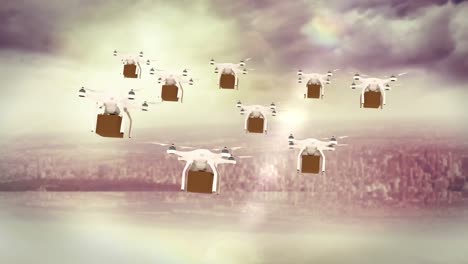 digital image of drones holding cardboard boxes and flying